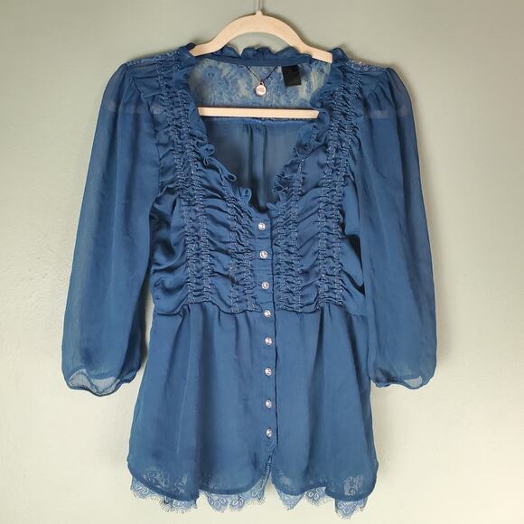 BKE Boutique Teal Semi-Sheer Button Down V-Neck Lace Blouse Top Size Medium - Picture 1 of 5